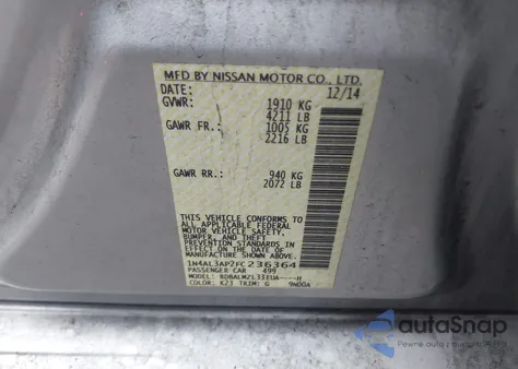 2015 Nissan Altima 2.5 Sv from USA, damaged, VIN 1N4AL3AP2FC236364